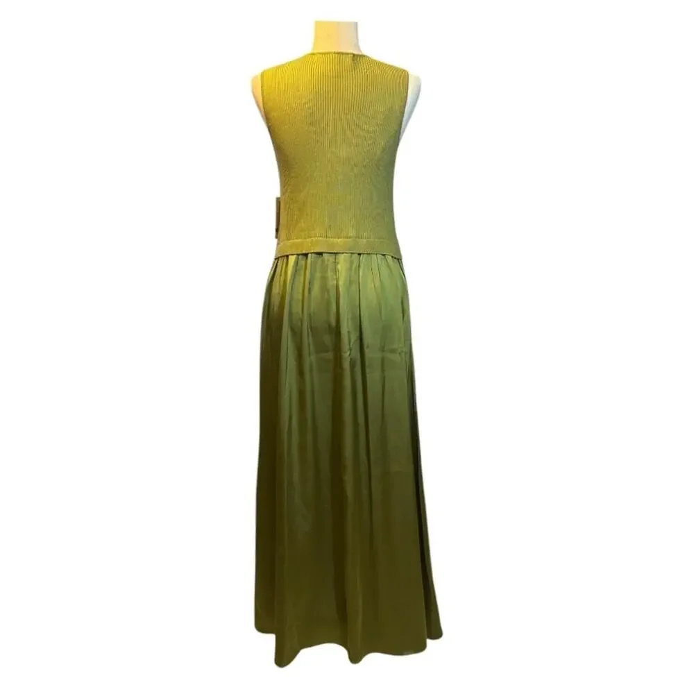 NWT TAYLOR Moss Green Mixed Media Satin Gown Ribbed Bodice & Pockets Size L 1272
